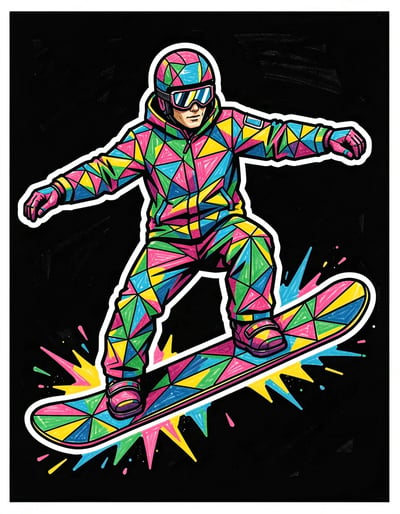 Vibrant Cubist Snowboarder Illustration Marker Style Logo Sticker Design