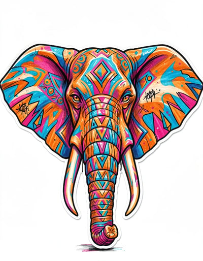 Vibrant Geometric Elephant Head Sticker Design with Abstract Pop Art Elements