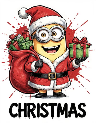 Vibrant Marker Illustration of Happy Minion Santa with Gift and Sack Festive Sticker Design