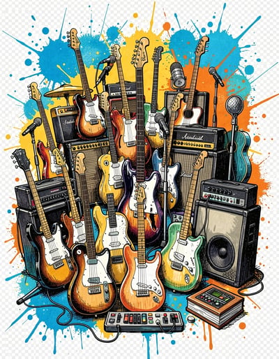 Vibrant Marker Illustration of Musician's Workspace with Electric Guitars and Equipment
