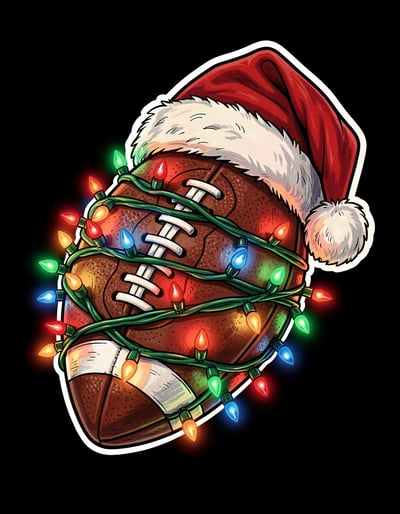 Vibrant Marker Illustrative Christmas Football with Santa Hat and Multicolored Lights Graphic