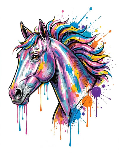 Vibrant Marker-Style Horse Head Illustration with Multicolor Paint Splatters