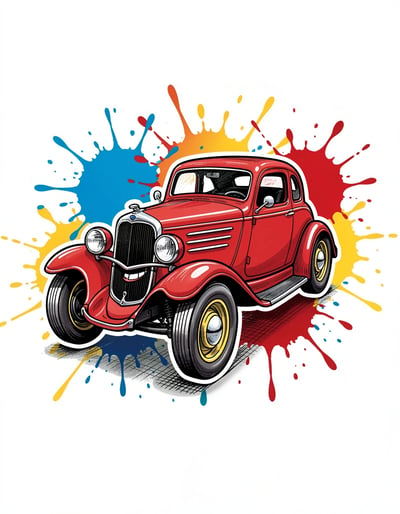 Vibrant Marker-Style Vintage Car Illustration with Dynamic Color Splatter for Posters and Stickers