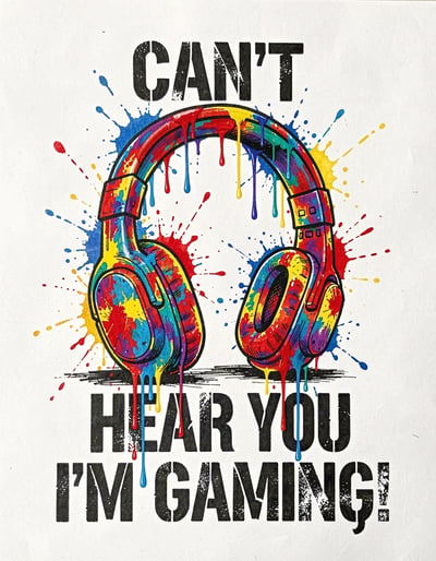 Vibrant Multicolored Gaming Headset Marker Illustration with Bold Stencil Text Sticker Design