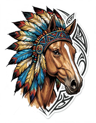 Vibrant Native American Horse Head Illustration with Tribal Headdress in Bold Marker Style