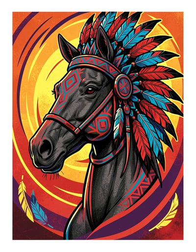 Vibrant Pop Art Black Horse Illustration with Native American Feather Headdress and Dynamic Swirling Background