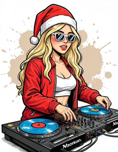 Vibrant Pop Art Blonde Female DJ Illustration with Christmas Theme for Stickers and Prints