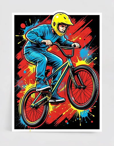 Vibrant Pop Art BMX Rider Illustration with Dynamic Energy and Bold Graphics