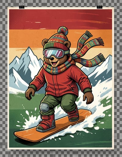 Vibrant Pop Art Cartoon Bear Snowboarding Banner with Vintage Graphic Style