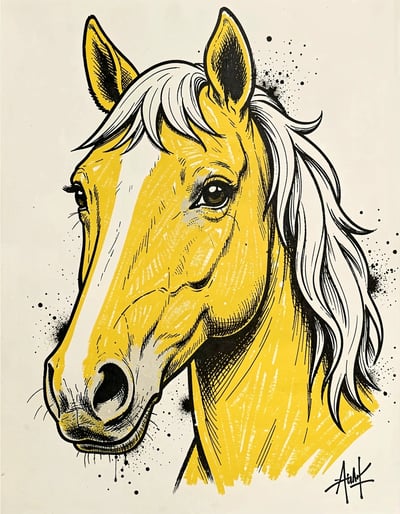 Vibrant Pop Art Horse Head Illustration in Yellow White and Black for Stickers and Posters