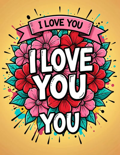 Vibrant Pop Art I LOVE YOU Banner with Floral Motif and Bold Typography Sticker Design