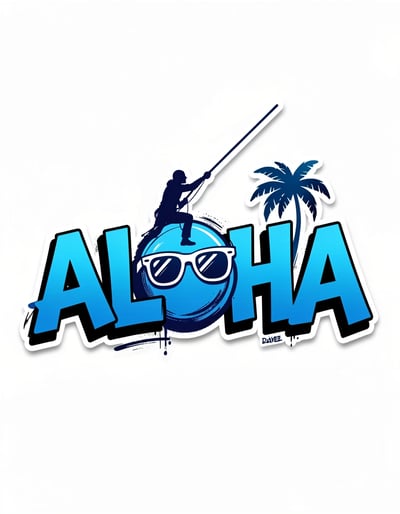 Vibrant Pop Art Inspired ALOHA Banner with Bold Blue Gradient Typography and Playful Illustrative Details