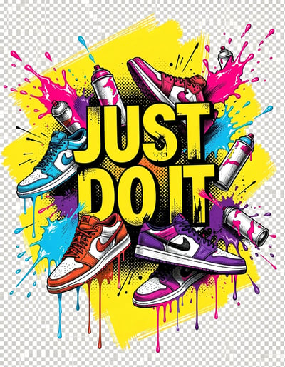 Vibrant Pop Art JUST DO IT Banner with Sneakers and Spray Paint for Stickers and Prints