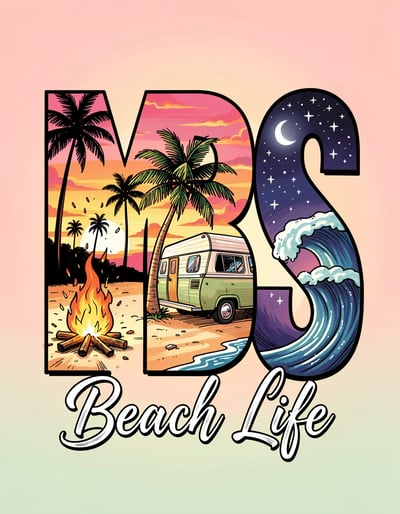 Vibrant Pop Art MBS Beach-Themed Letters Illustration with Tropical Sunset and Night Waves