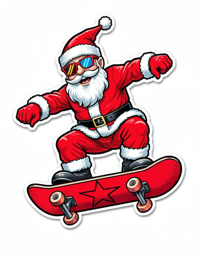 Vibrant Pop Art Santa Skateboarder Banner with Bold Lines and Dynamic Composition