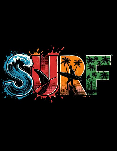 Vibrant Pop Art SURF Banner with Iconic Surfing Silhouettes and Textured Letters