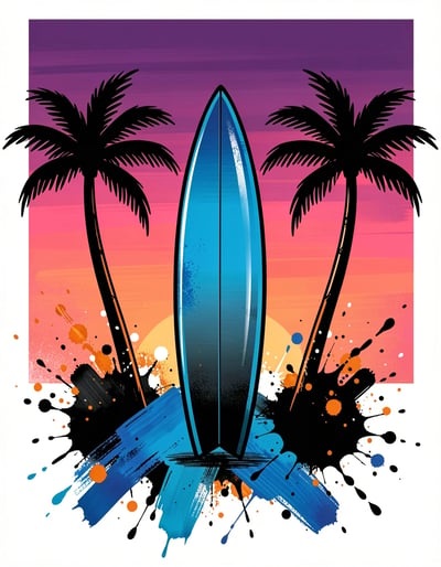 Vibrant Pop Art Surfboard Banner with Palm Trees and Abstract Paint Splashes for Tropical Graphic Design