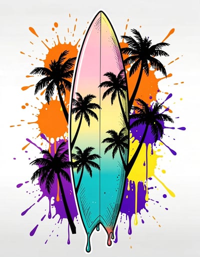 Vibrant Pop Art Surfboard Illustration with Tropical Palm Silhouettes and Dynamic Paint Splatters