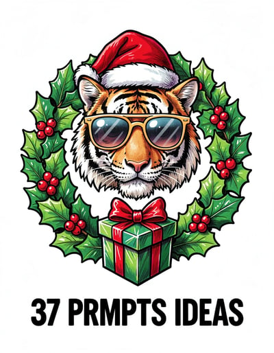 Vibrant Pop Art Tiger Logo Banner with Festive Holly and Santa Hat