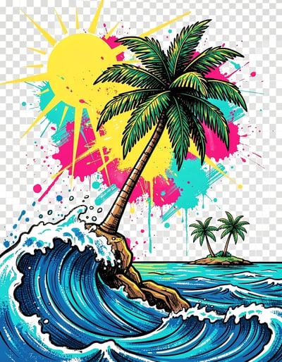 Vibrant Pop Art Tropical Palm Tree Banner Sticker Design with Dynamic Brushstrokes