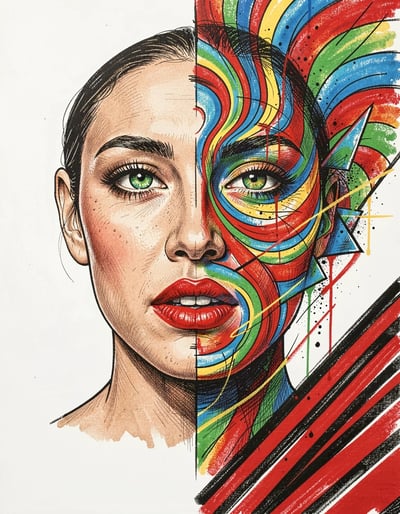 Vibrant Pop Art Woman Portrait Split Realistic and Abstract for Sticker and Poster Design