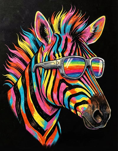 Vibrant Pop Art Zebra Head Banner with Futuristic Sunglasses and Dynamic Colorful Stripes