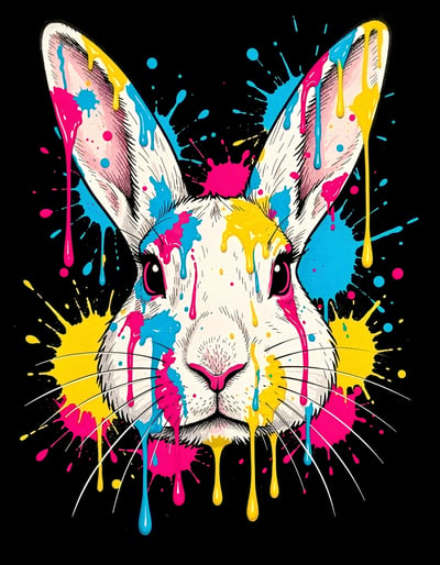 Vibrant Rabbit Face Marker Illustration with Dripping Paint and Pop Art Style