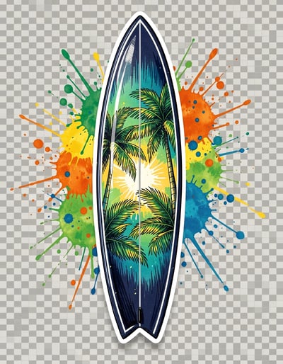 Vibrant Surfboard Sticker Design Featuring Tropical Reflection and Multicolor Splatter Background