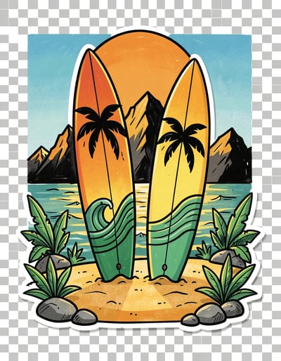 Vibrant Surfboard Sunset Sticker Design with Palm Tree and Wave Graphics