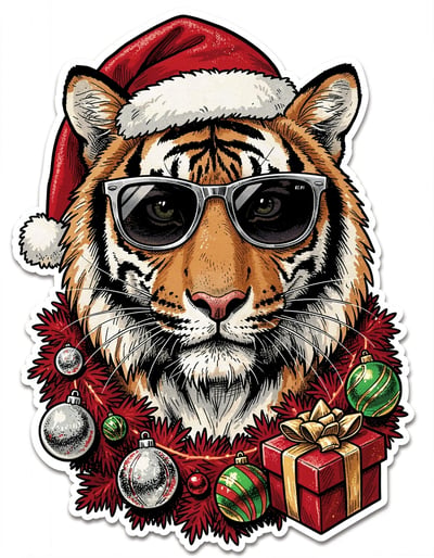 Vibrant Tiger Head with Santa Hat and Sunglasses Marker Illustration for Festive Logos and Stickers