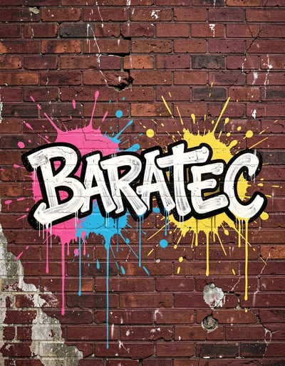 Vibrant Urban Graffiti Art Featuring Bold Baratec Text on Textured Brick Wall