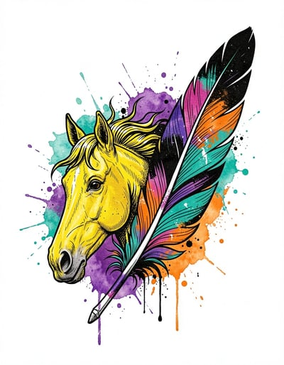 Vibrant Yellow Horse Pop Art Banner with Colorful Feather and Watercolor Splashes for Sticker and Logo Design