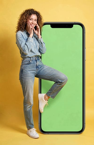 Young Woman with Large Smartphone Mockup