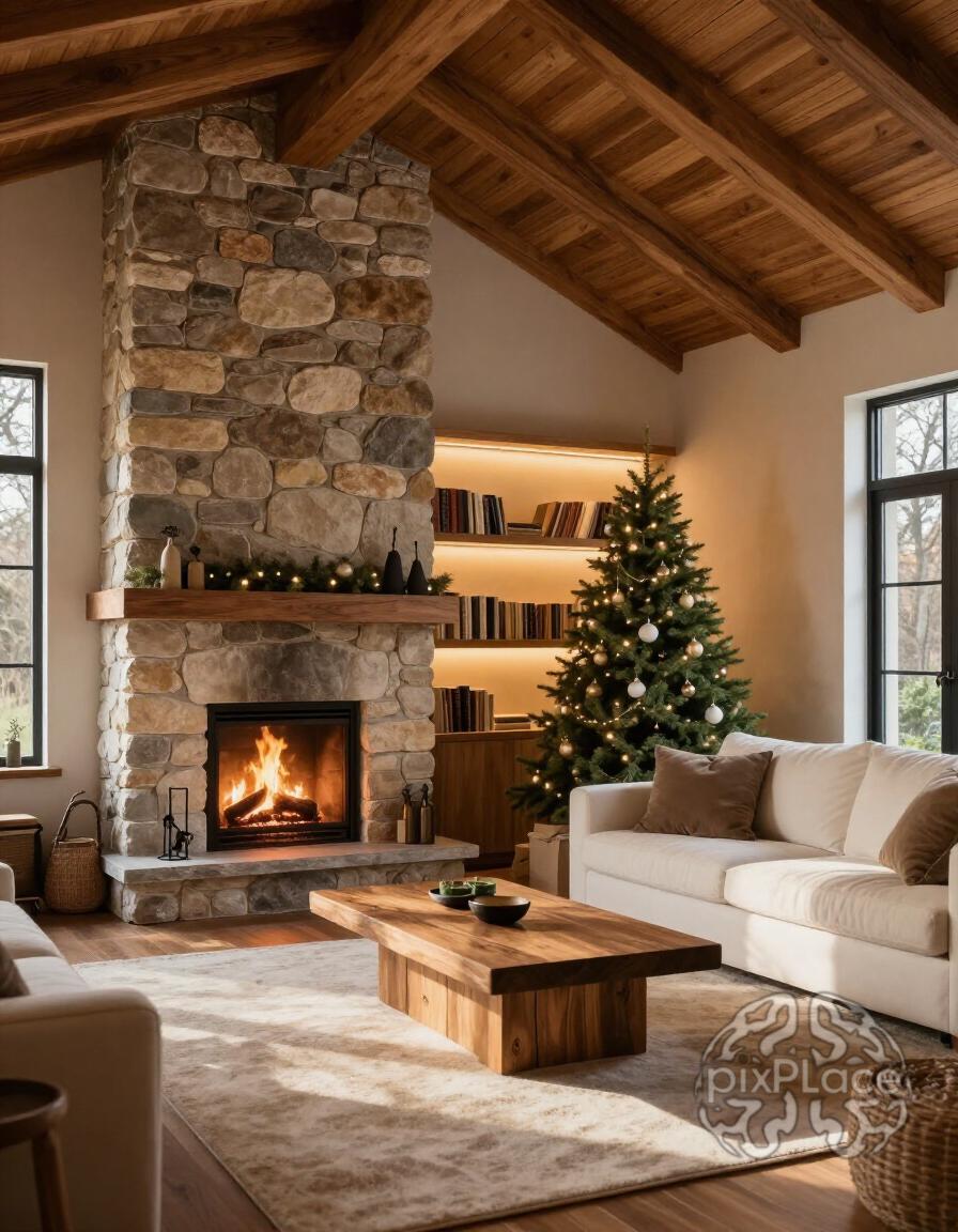 A cozy living room with a stone fireplace and white couch, decorated with a small Christmas tree and warm lighting.