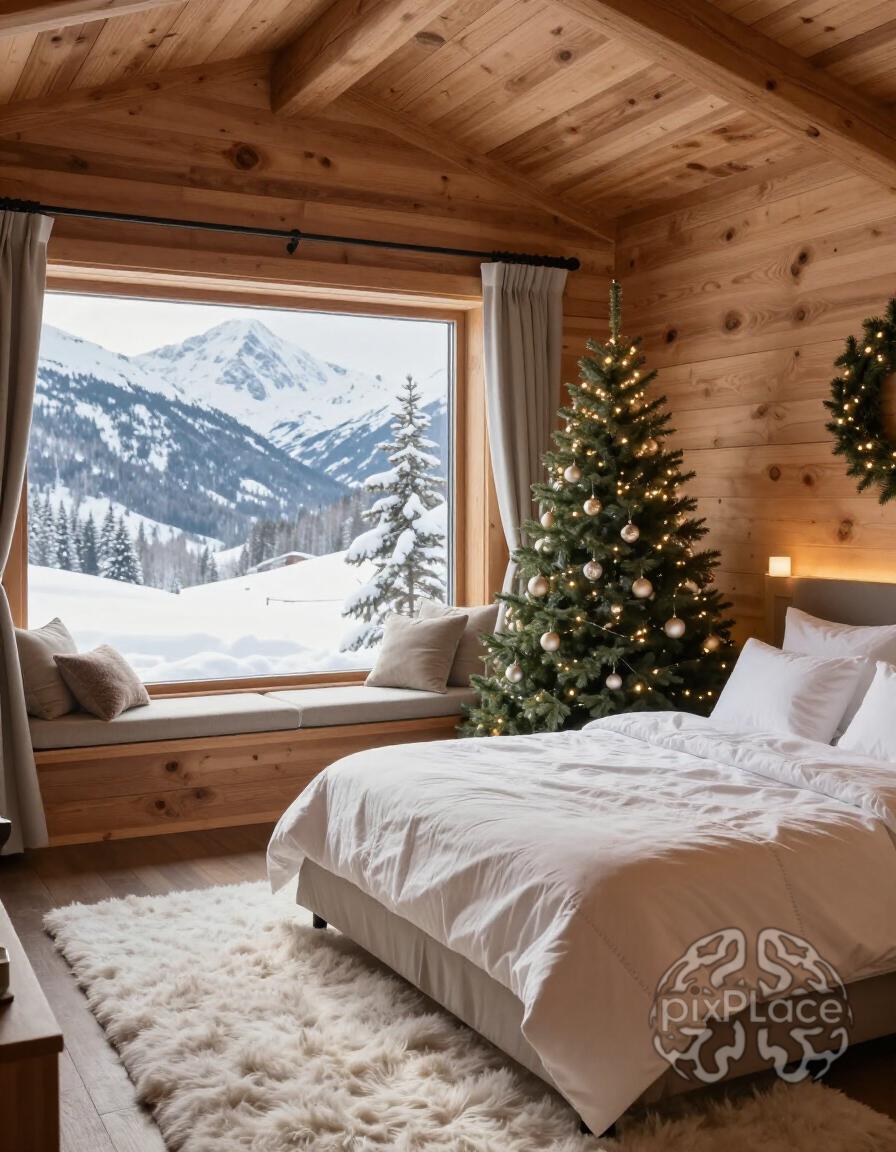 A cozy bedroom in a mountain lodge with a large bed, window seat, and Christmas tree, surrounded by wooden paneling and a fluffy rug.