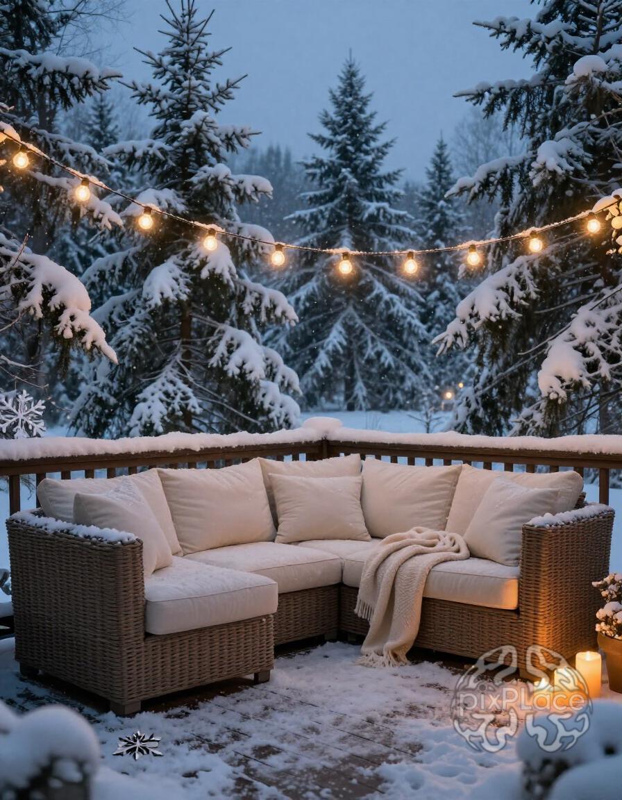 A cozy outdoor seating area on a snowy deck with a wicker sofa, cream-colored cushions, and soft lighting from string lights and candles.