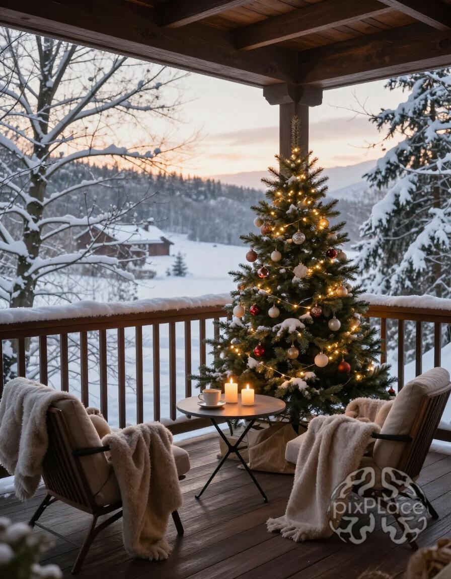 A peaceful winter balcony with a Christmas tree, chairs, and candles, surrounded by snow-covered trees.