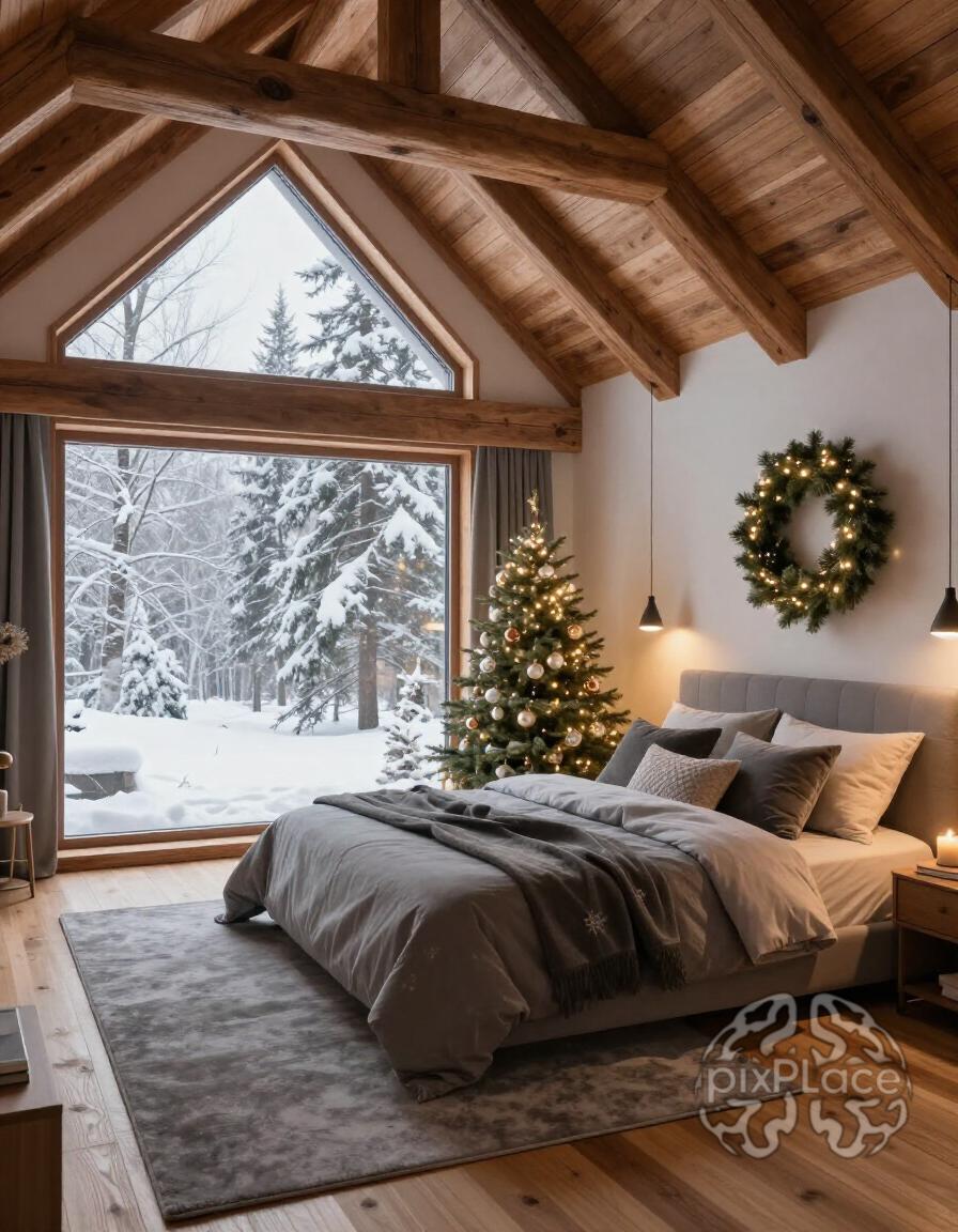 A cozy bedroom with a vaulted ceiling, exposed beams, and a large window showing a snowy landscape. The room is decorated for Christmas with a small tree and wreath, and features a bed with gray bedding and soft lighting.