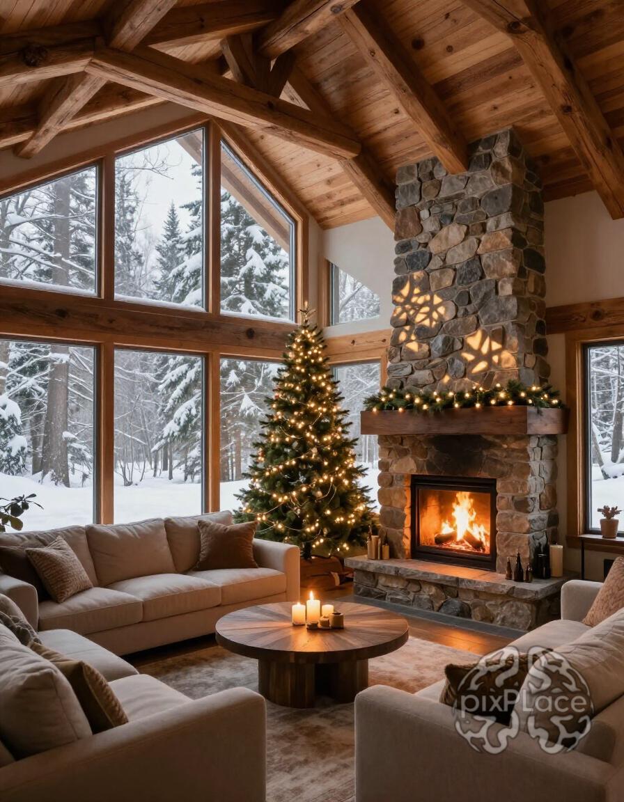 A cozy living room with a fireplace, Christmas tree, and large windows showing a snowy forest.