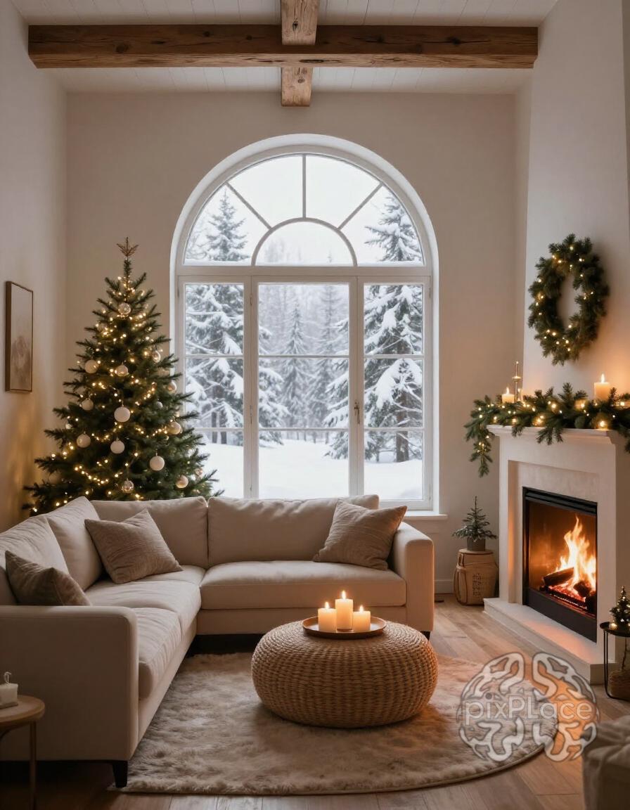 A warm and inviting living room with a fireplace, Christmas tree, and large window showing a snowy landscape.
