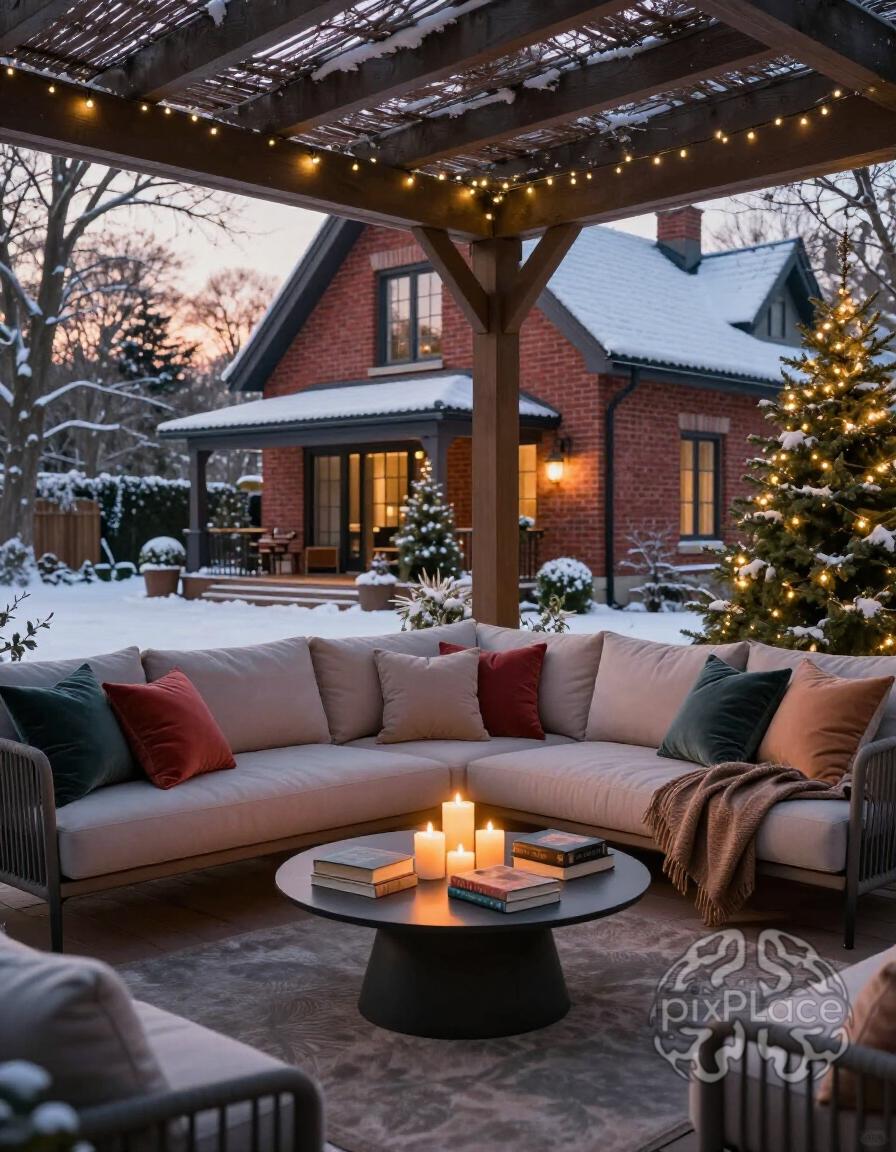 A cozy outdoor living space with a pergola, sectional sofa, and Christmas tree, set against a red brick house and winter landscape.