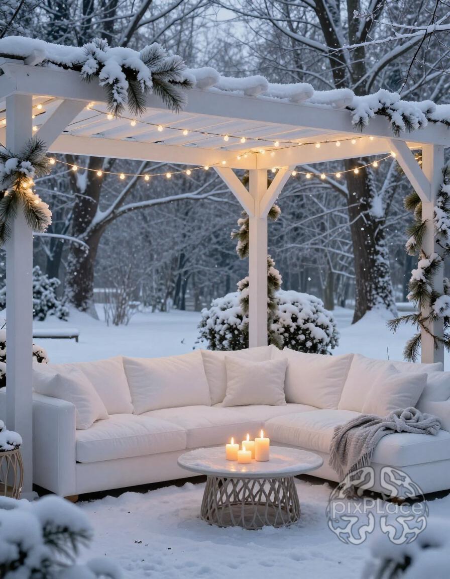 A cozy outdoor seating area with a white pergola, string lights, and a plush white sofa, set in a snowy landscape with snow-covered trees and bushes.