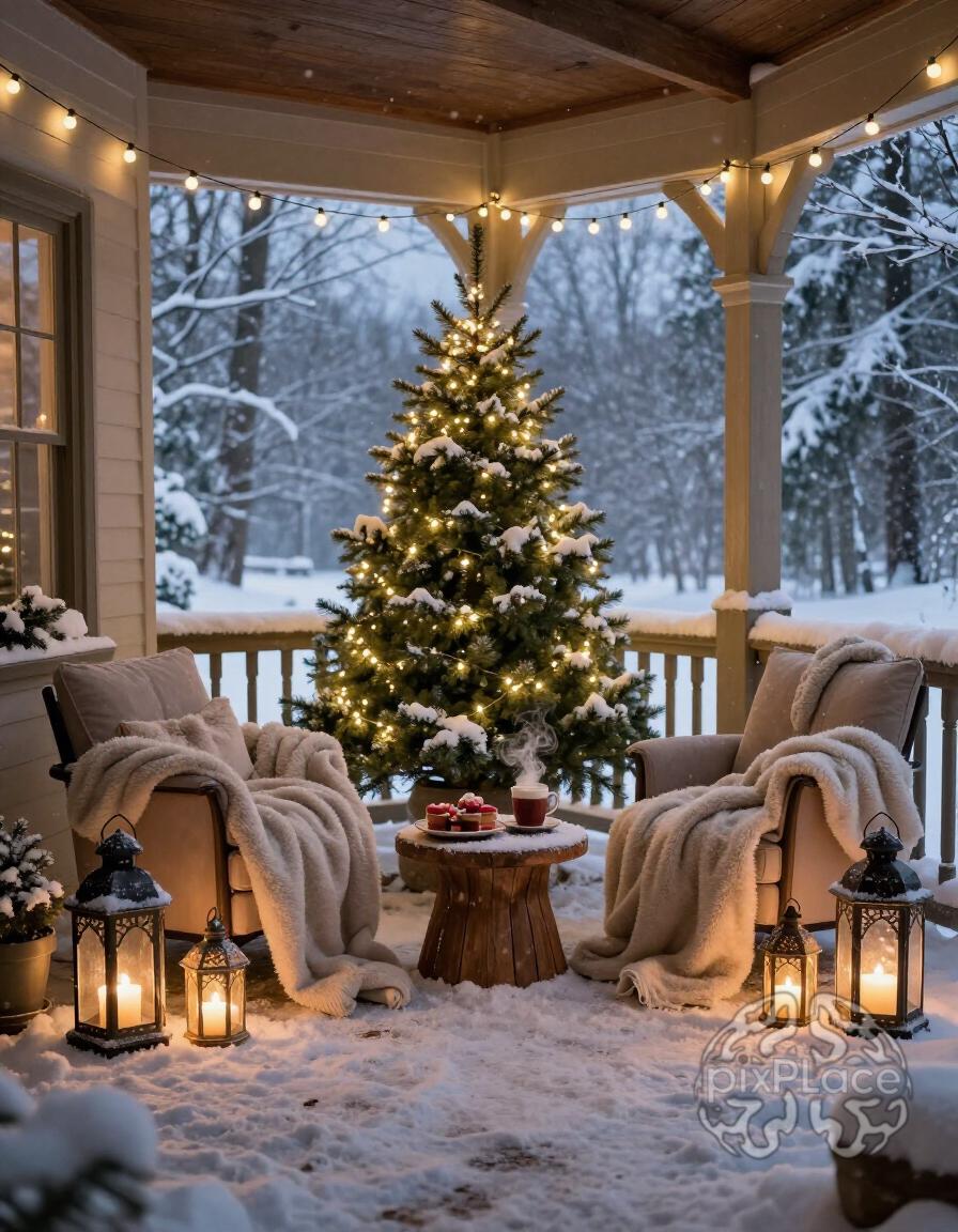 A serene winter porch scene with Christmas decorations, including a small tree and lanterns, under a soft winter evening light.