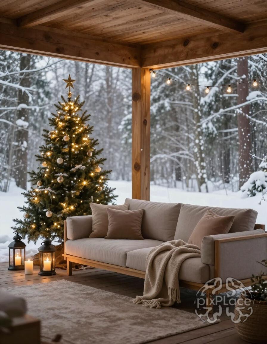A cozy winter porch with a modern sofa, Christmas tree, and warm lighting, surrounded by a snowy forest, creating a peaceful and inviting atmosphere.