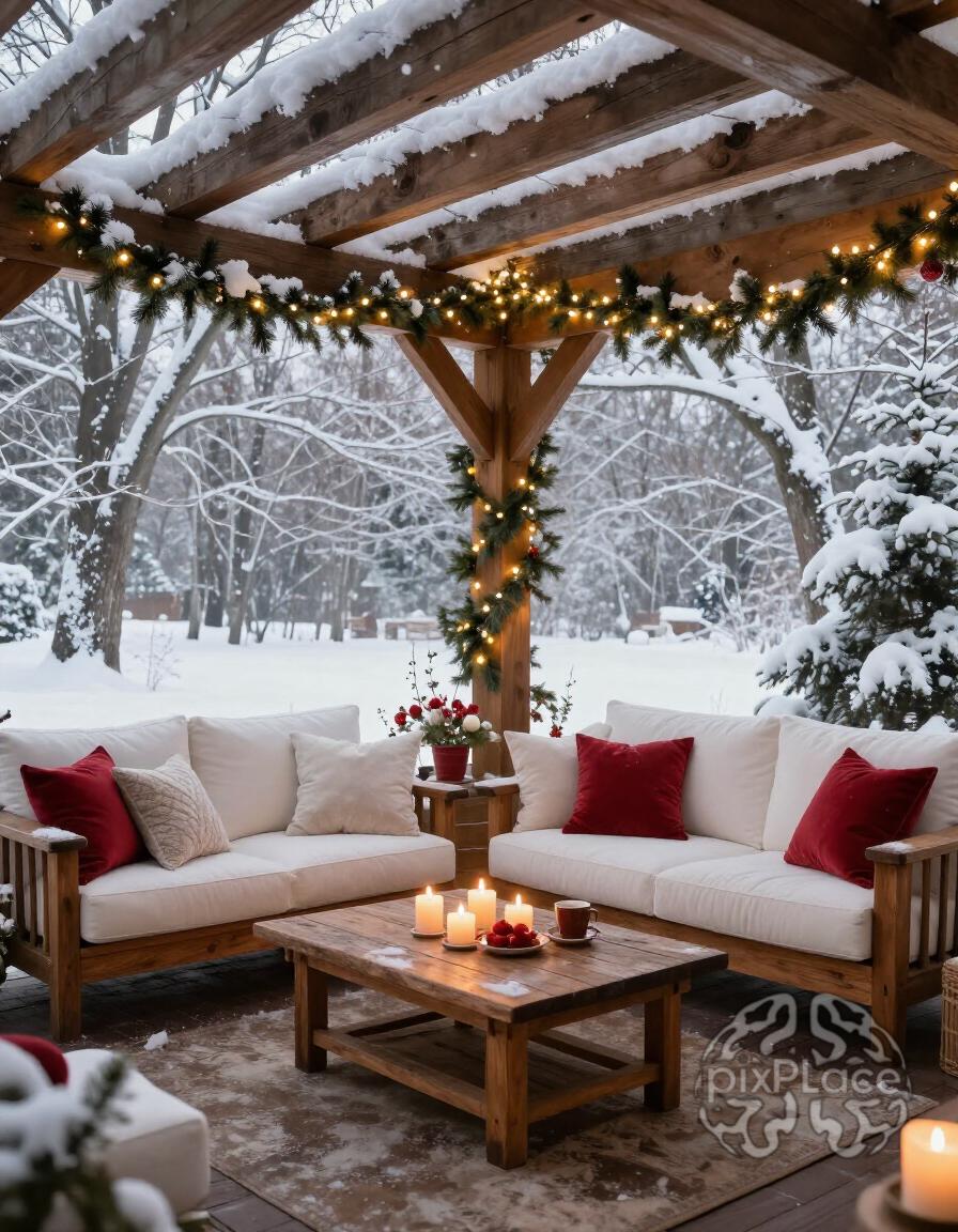 A warm and inviting winter porch with a wooden pergola, string lights, and white sofas, surrounded by snow-covered trees and a serene winter landscape.