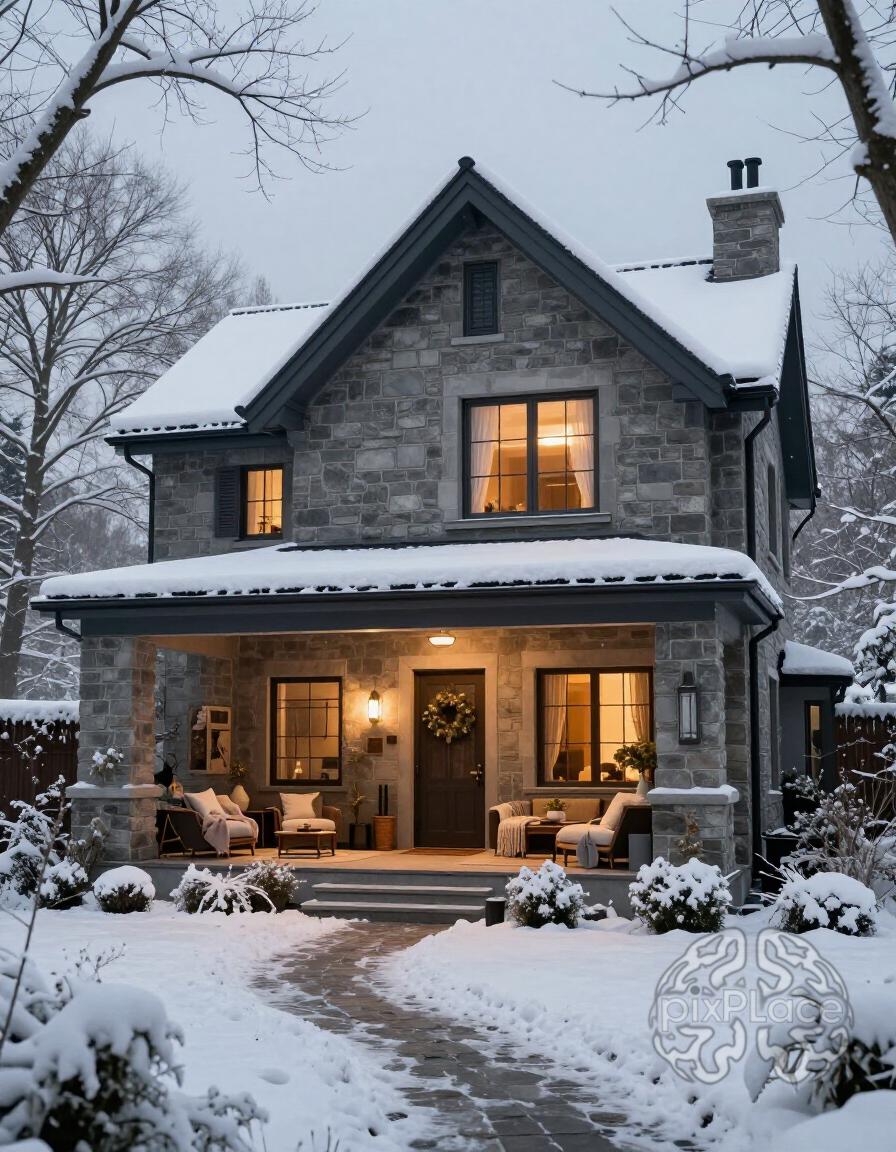 A gray stone house with a snow-covered roof and warm interior lighting, surrounded by snow-covered trees and bushes.