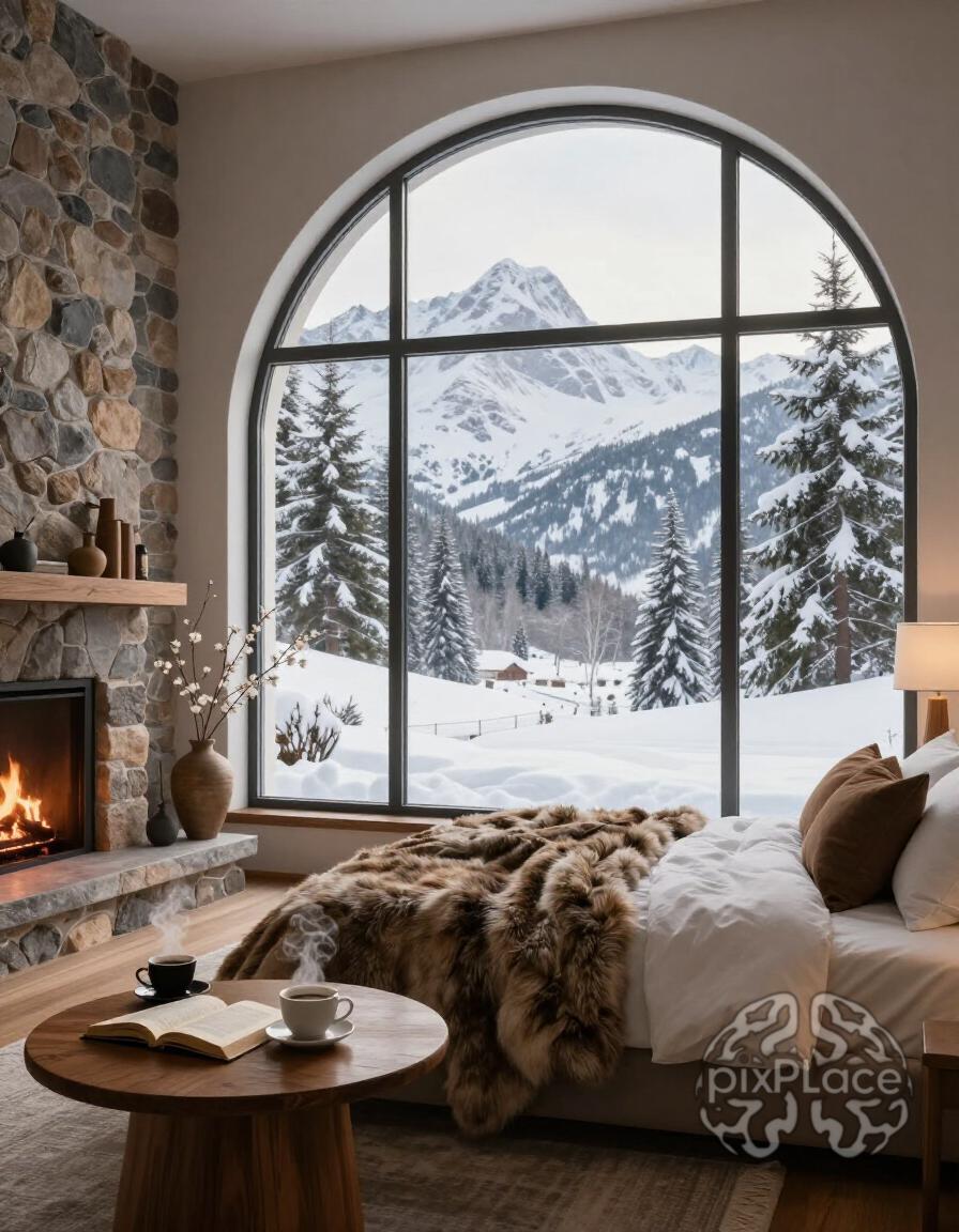 A peaceful bedroom with a large window showing a snowy landscape, a cozy bed, and a warm fireplace.