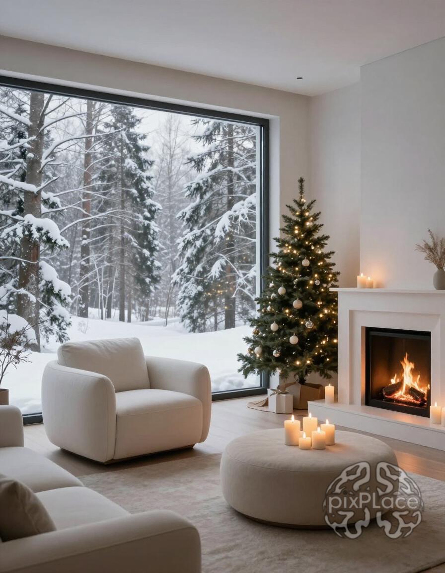 A cozy winter living room with a large window, white armchair, round beige ottoman, lit fireplace, and Christmas tree.
