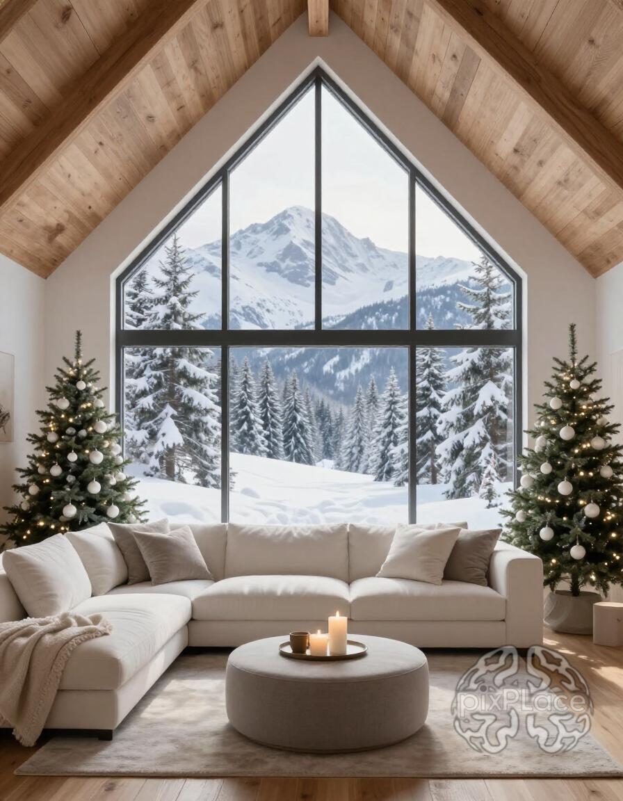 A cozy living room with a large triangular window showing a snowy mountain landscape, white sofa, round ottoman with candles, and decorated Christmas trees.