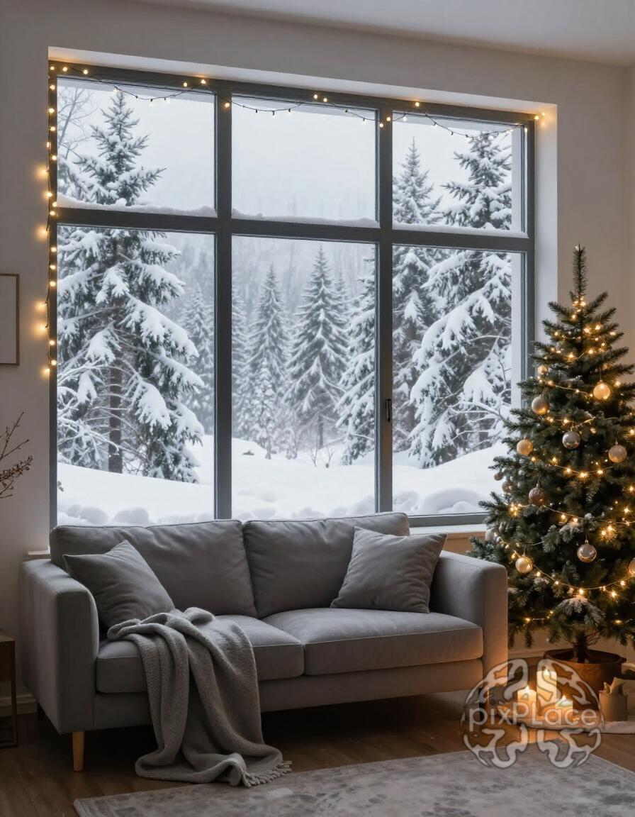 A cozy winter interior scene with a gray couch, string lights, and a small Christmas tree, viewed through a large window showcasing a snowy landscape.